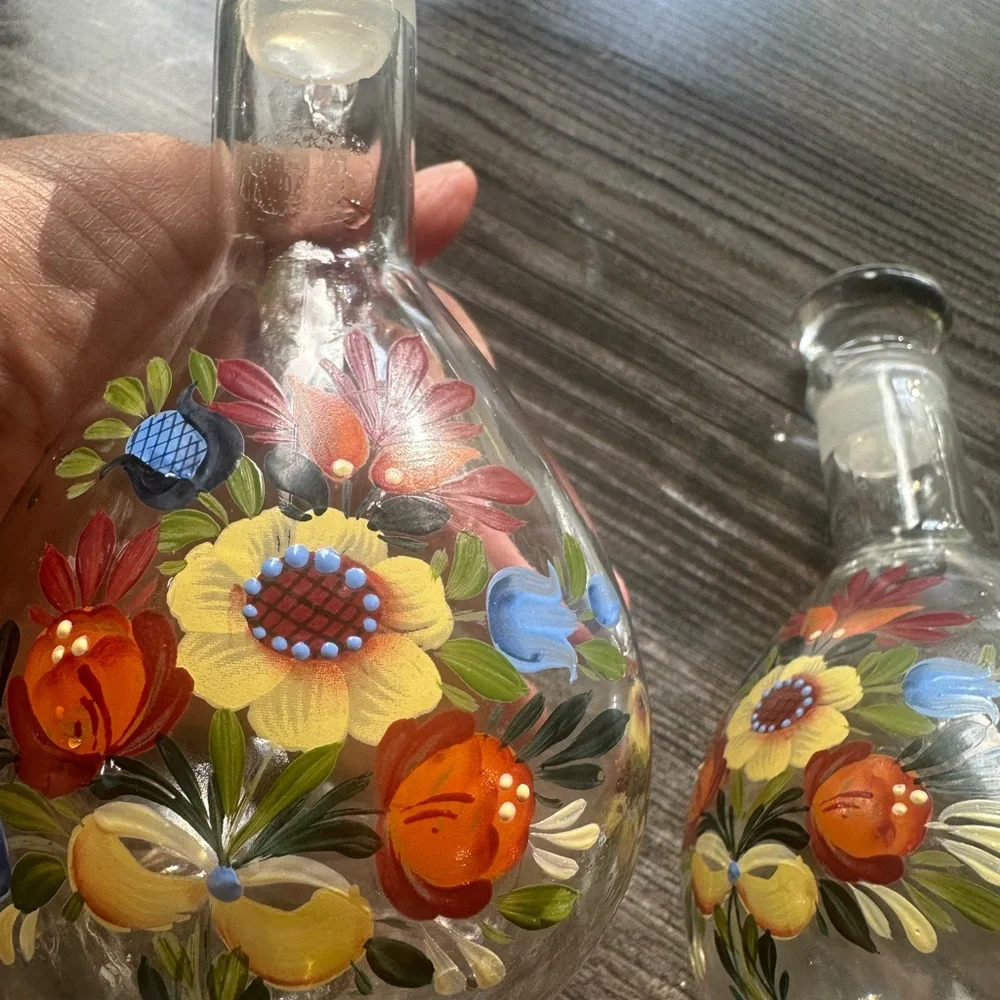 Hand-Painted Floral Glass Cruet Pair - Bright Multicolor